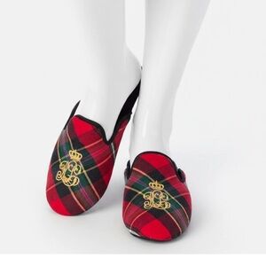 Ralph Lauren Red Plaid Slippers with Gold Crest